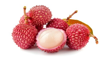 Fresh lychee fruits with leaves isolated on white background.