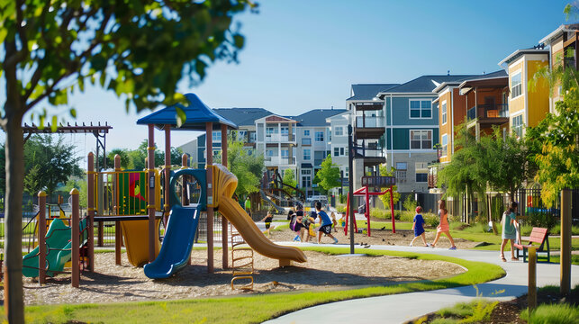 A vibrant neighborhood playground filled with happy children playing on swings, slides, and monkey bars.