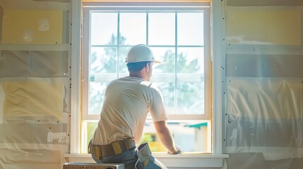 Display a technician installing a new window, set against a white background to emphasize the importance of proper insulation and energy efficiency in home repairs.