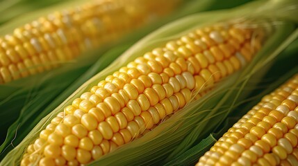 Close-up of fresh ears of corn with husks, highlighting the vibrant yellow kernels and natural green leaves.
