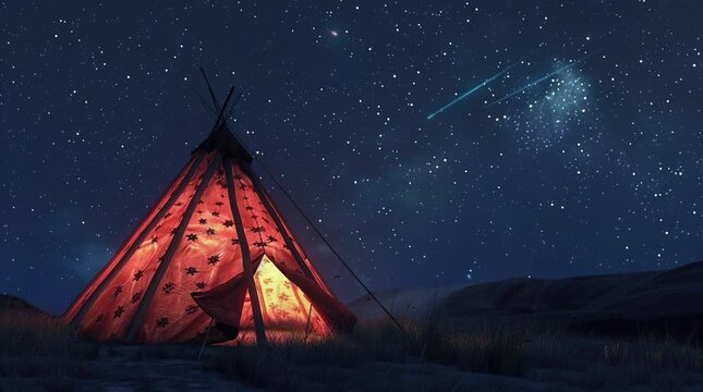 Glowing tent under a starry sky at night, creating a serene and magical camping experience in a tranquil outdoor setting
  Seamless looping 4k time-lapse virtual video animation Generated AI