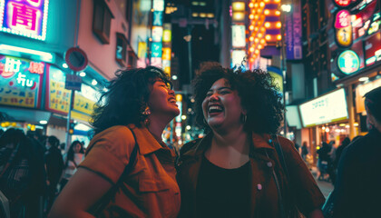 Obraz premium Two Friends Laughing in a Vibrant Night Market