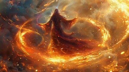  illustration of a powerful sorceress character, surrounded by swirling magical energies, with elaborate robes and a staff glowing with arcane symbols.