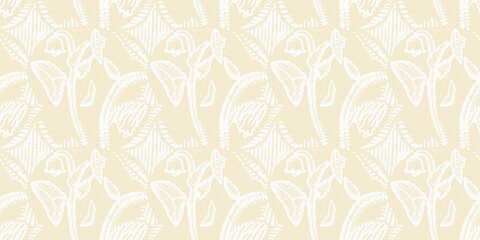 Modern white on cream lace effect wedding border texture. Soft tonal linen openwork block print with subtle hand drawn lattice damask printed fabric banner edge trim. 