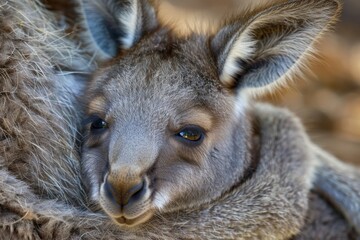 Fototapeta premium close up of kangaroo with baby, baby kangaroo peeking out from its mother's pouch