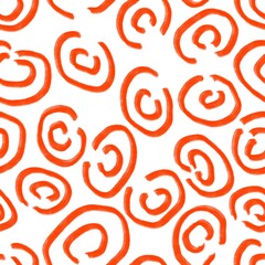 Seamless abstract textured pattern. Simple background on orange, white. Digital brush strokes. Lines, circles, dots. Design for textile fabrics, wrapping paper, background, wallpaper, cover.