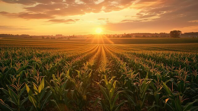  vast cornfield bathed in the golden light of sunrise, with rows of corn plants stretching into the horizon.