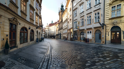 Obraz premium Historic square lined with vintage buildings on cobblestone streets under a blue sky.