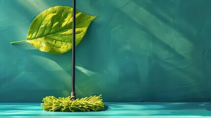  green-themed image of an eco-friendly mop made from sustainable materials, with natural cleaning solutions and a focus on environmentally conscious cleaning practices.
