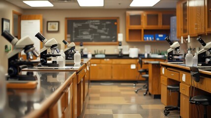 educational setup in a science lab with microscopes, lab equipment, and interactive experiments, highlighting hands-on learning and exploration in the classroom.