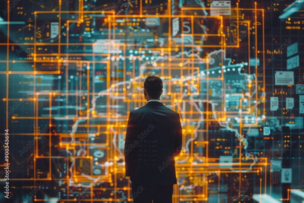 Poster a person standing in front of a digital map, great for presentations, reports or illustrations about