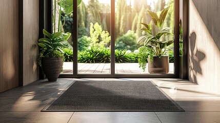 A sleek, contemporary home mat in a minimalist entryway, featuring geometric patterns or neutral tones that complement the modern decor of the space.