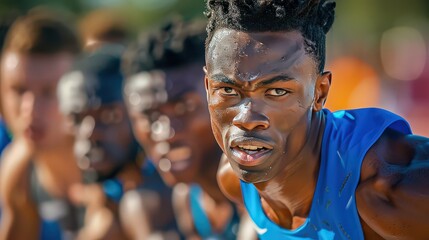 dynamic shot of sprinters bursting off the starting blocks during a 100-meter dash, capturing the intensity and determination on their faces.