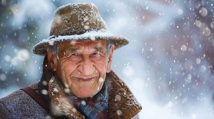 Fototapeta premium Picture of a smiling old man standing in the snow.