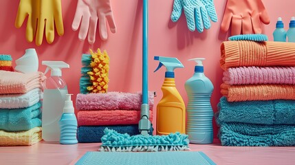 An organized scene with a mop alongside various cleaning supplies such as spray bottles, gloves, and cleaning cloths, set against a tidy backdrop.