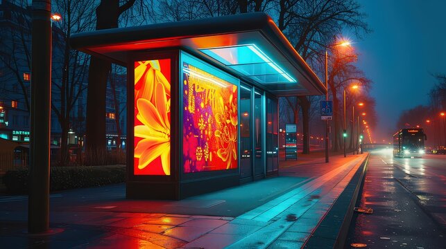 everyday scene of a bus stop with an eye-catching advertisement displayed on the shelter, featuring vibrant graphics and a compelling message to engage commuters.