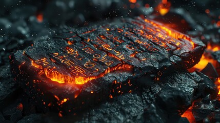 close-up of a charred and glowing piece of ancient script engraved on a stone slab, set against a background of burning coals.