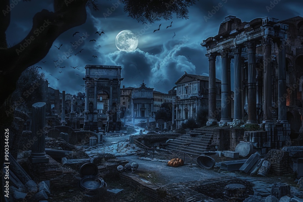 Poster a serene cemetery scene under a bright full moon, ideal for use as a background or atmospheric image