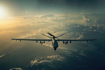 Fototapeta premium A plane soaring through the clouds with the sun setting behind it
