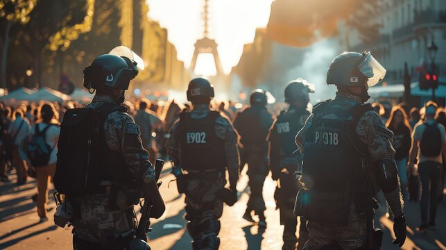 scene from a major cultural event or festival in France, with visible security teams managing crowds and checking credentials, ensuring a safe environment for public gatherings.