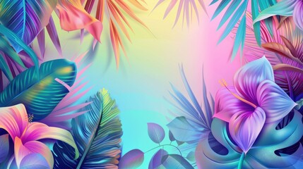 Tropical leaves and flowers in vibrant colors create a lush background with shades of pink, purple, and green Perfect for design and nature themes