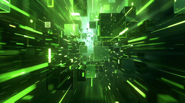 Fototapeta A digitally rendered abstract scene of green cubes and lines forming a corridor