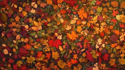 A carpet of colorful autumn leaves covered the ground as seen from above. The background was a dark green grass with scattered red and orange maple leaves. Generated AI