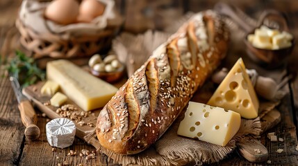 assortment of cheeses, a fresh baguette, and various nuts arranged on a rustic wooden table, presenting a classic French spread.