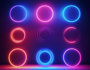 水色や赤やピンクの円形のネオンカライト