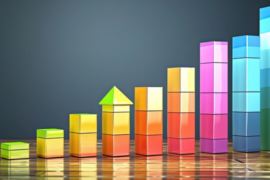 colorful bar chart with graph going up, Bar charts displaying sales performance and revenue growth over time