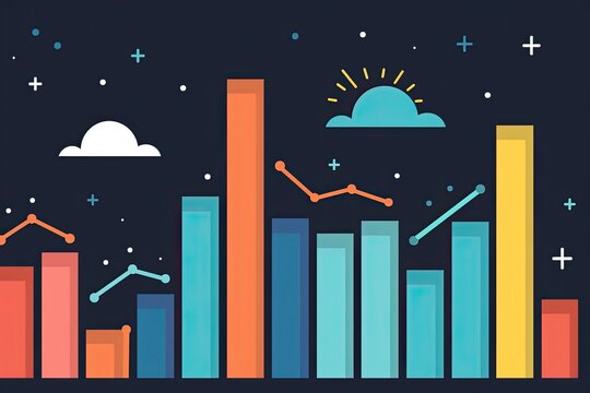city with clock and bar chart, Bar charts displaying sales performance and revenue growth over time