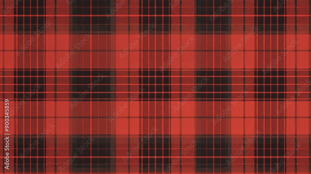Poster a close-up view of a vibrant red and black plaid fabric pattern