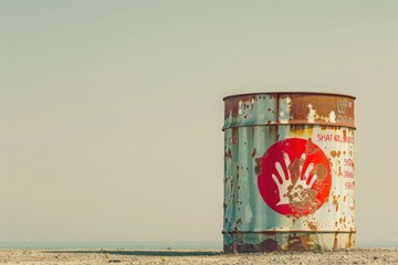 Obraz premium An isolated oil drum, weathered and rusty, displays a unique hand logo under a serene sky at dusk, evoking a sense of solitude.