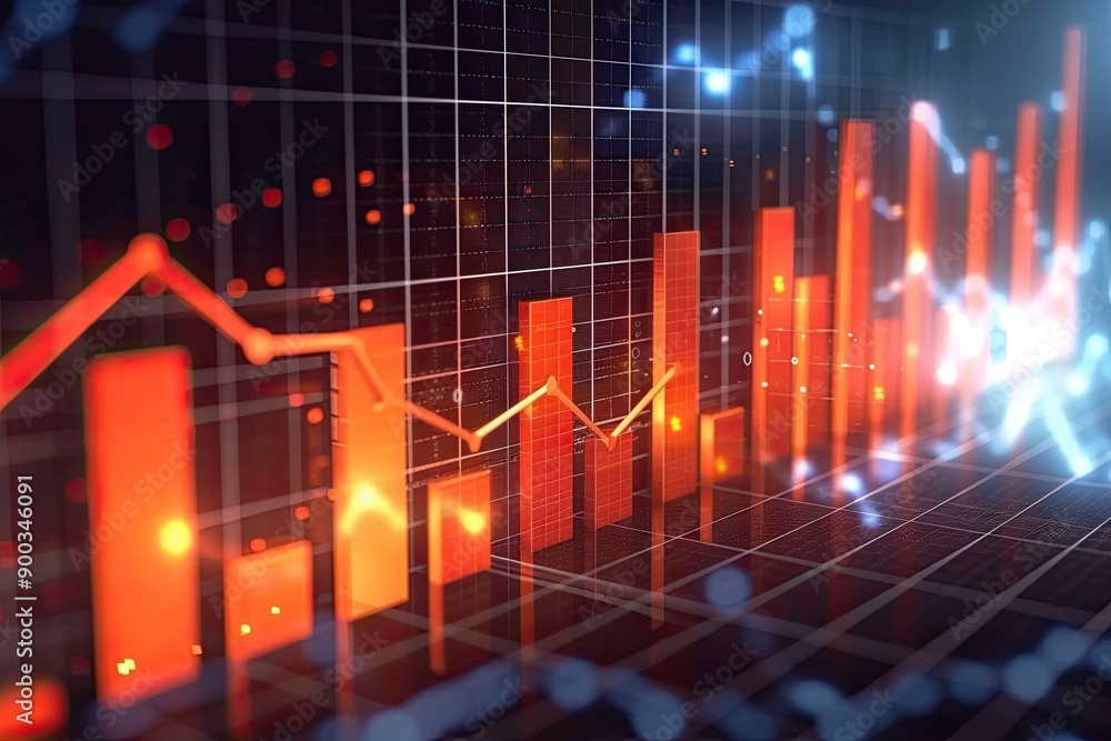 Aufkleber glowing digital stock market graph, bar charts displaying sales performance and revenue growth over 