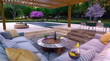 Fototapeta premium Cozy patio with sofas and a table. Pergola shade over patio.