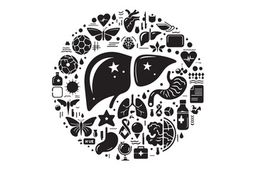 Circular arrangement of liver and medical icons, representing healthcare and anatomy concepts