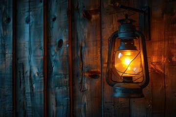 Vintage-style lantern illuminating the exterior of a log cabin in the evening