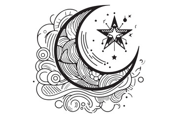 Drawing in grayscale of crescent moon and star