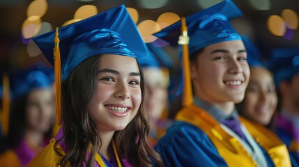  celebratory image of students in graduation caps and gowns, receiving diplomas and posing for photos with friends and family.