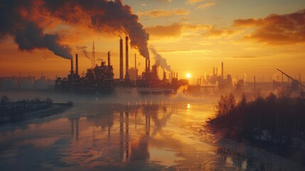 Industrial plant with complex machines and chimneys and smoke. Global air pollution