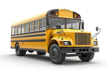 Front view of a classic yellow school bus isolated on white background