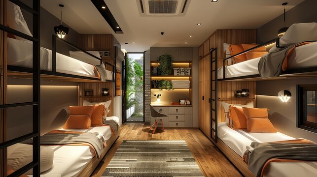  wide shot of a hostel dormitory room with multiple bunk beds, personal lockers, and simple decor, capturing the communal living space.