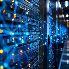 Obraz premium High-Tech Data Center with Interactive Network Visualization