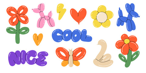 Balloon animals. inflatable dog flower and butterfly. Colorful glossy decorative rubber toy. Birthday celebration party festive y2k decor, children holidays vector cartoon flat isolated illustration