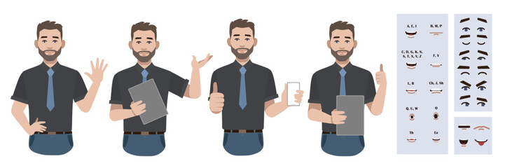 Business office worker man constructor suitable for animation. Generator of diverse eyes, lips, emotion expressions mouth animation and lip sync. Young man character face and upper body construction. 