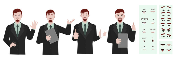 Business office worker man constructor suitable for animation. Generator of diverse eyes, lips, emotion expressions mouth animation and lip sync. Young man character face and upper body construction. 