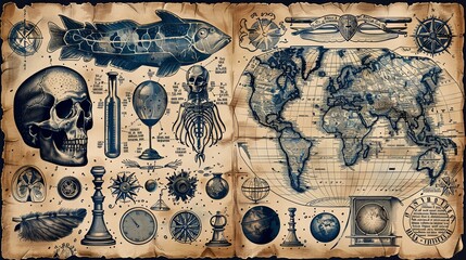 vector, illustration, retro graphic design elements: vintage science - collection of vintage drawings featuring disciplines such as medicine, phrenology, chemistry, palm reading 
