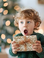 Naklejka premium Excited Child Opening Christmas Gift with Surprise