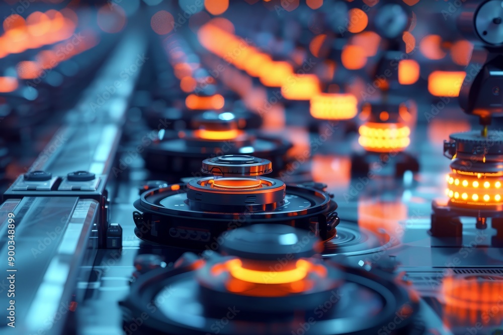 Fototapete close up of machine with many lights, batch processing method optimizes workflow by grouping similar tasks together