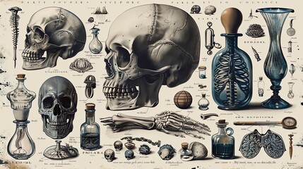 vector, illustration, retro graphic design elements: vintage science - collection of vintage drawings featuring disciplines such as medicine, phrenology, chemistry, palm reading 